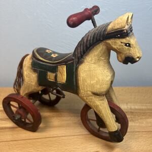 Vintage Wooden Hand Carved Horse Tricycle- Antique Folk Art Children’s Toy Decor